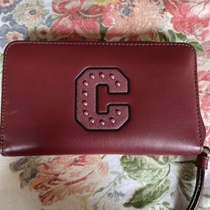 COACH SOFT LEATHER MAROON ZIP AROUND PHONE WALLET WRISTLET ~ GLITTER "C" & STUDS
